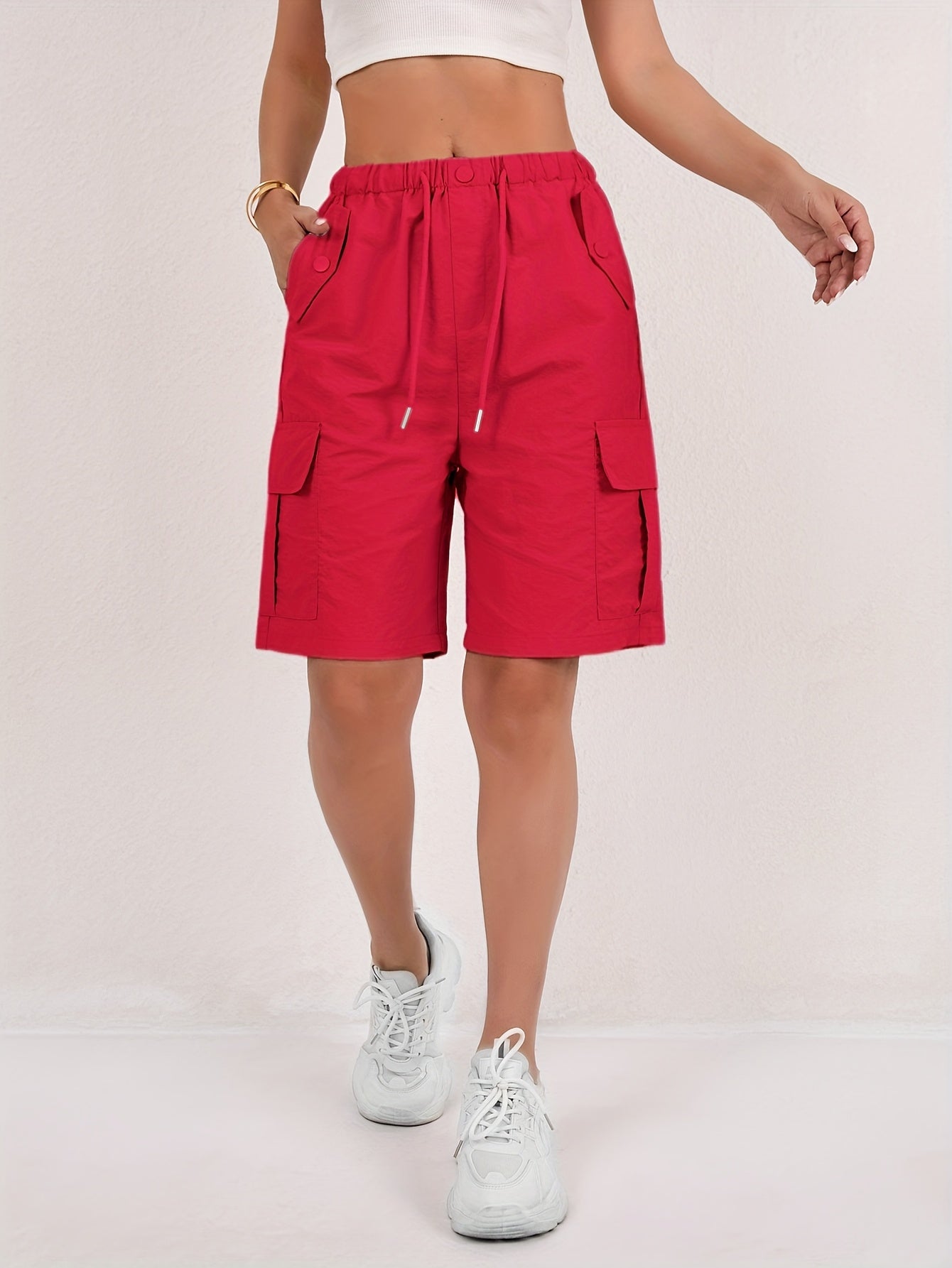 Effortless Pink Cargo Shorts for Women with High Waist Drawstring Button Pocket Relaxed Casual Style
