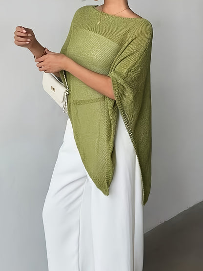 Effortless Poncho Shirt for Women with Boat Neck Asymmetric Hem Sheer Knit Style