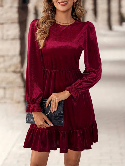 Elegant Burgundy Velvet Christmas Attire Dress for Women with Round Neck Long Sleeve Ruffle Hem Flowing Style