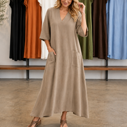 Effortless Linen Maxi Dress for Women with V Neck Half Sleeve Pocket Relaxed Style