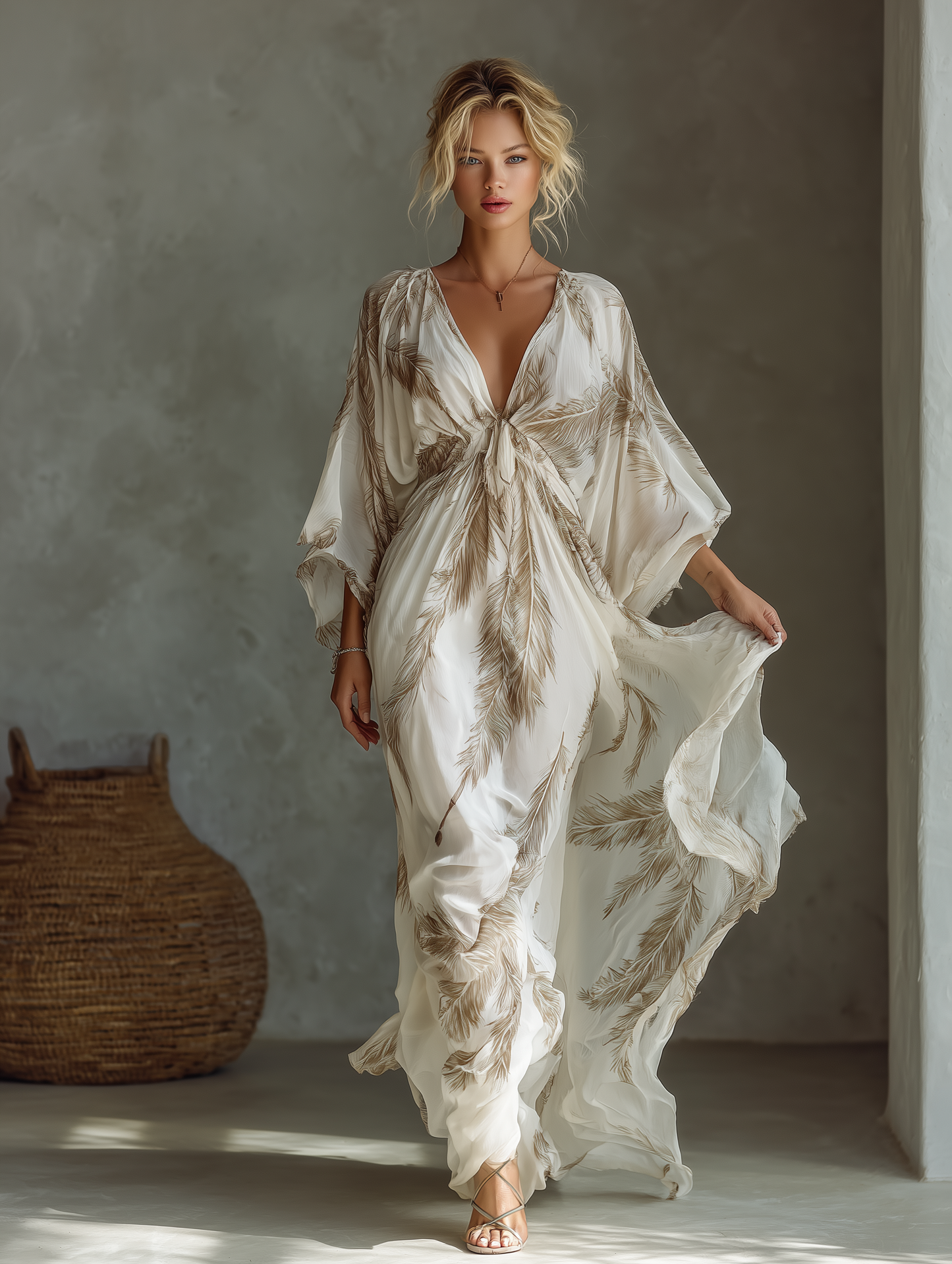 Elegant Ivory Maxi Dress for Women with Palm Leaf Print Dolman Sleeve Twist Front Chiffon Casual Summer Style