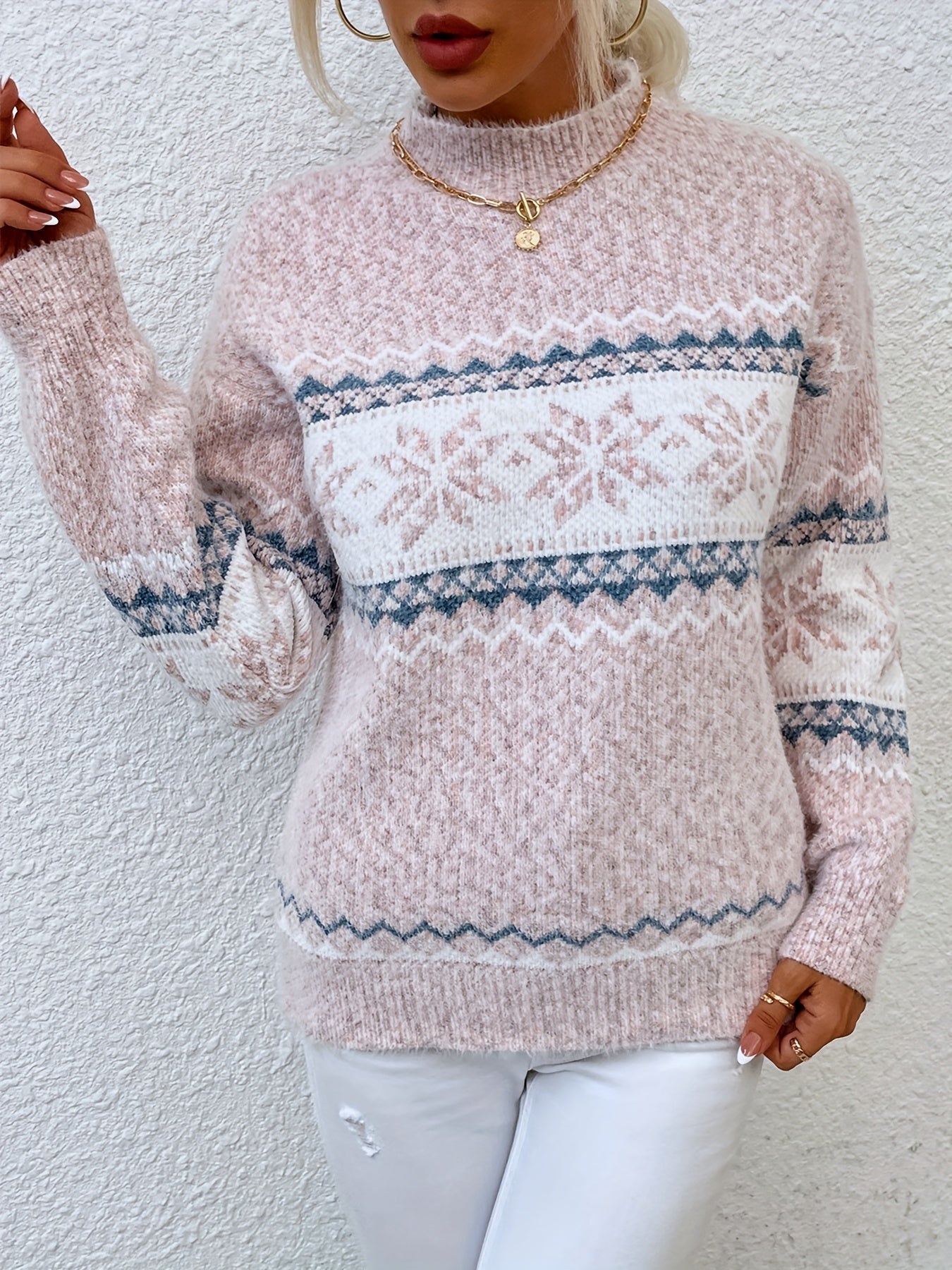 Cozy Women's Christmas Sweater with Mock Neck Long Sleeve Fair Isle Oversized Knit Style