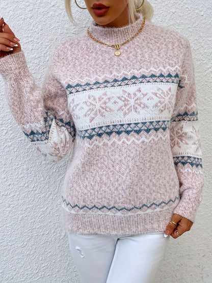 Cozy Women's Christmas Sweater with Mock Neck Long Sleeve Fair Isle Oversized Knit Style