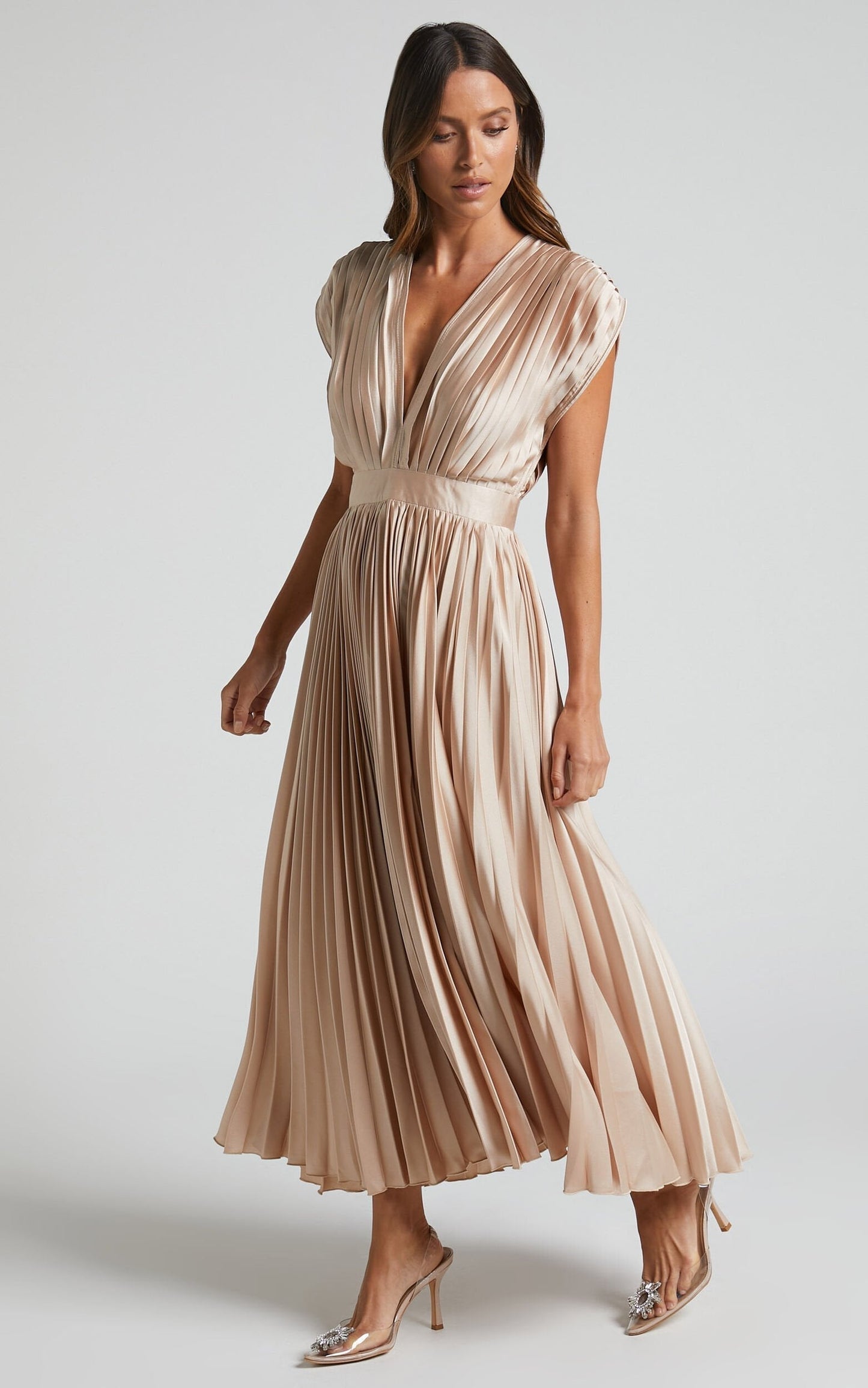 Elegant Pleated Midi Dress for Women with Deep V Neck Formal Wedding Guest Style
