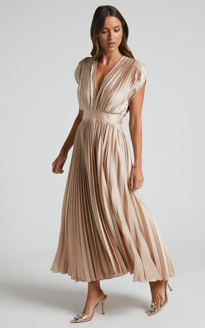Elegant Pleated Midi Dress for Women with Deep V Neck Formal Wedding Guest Style