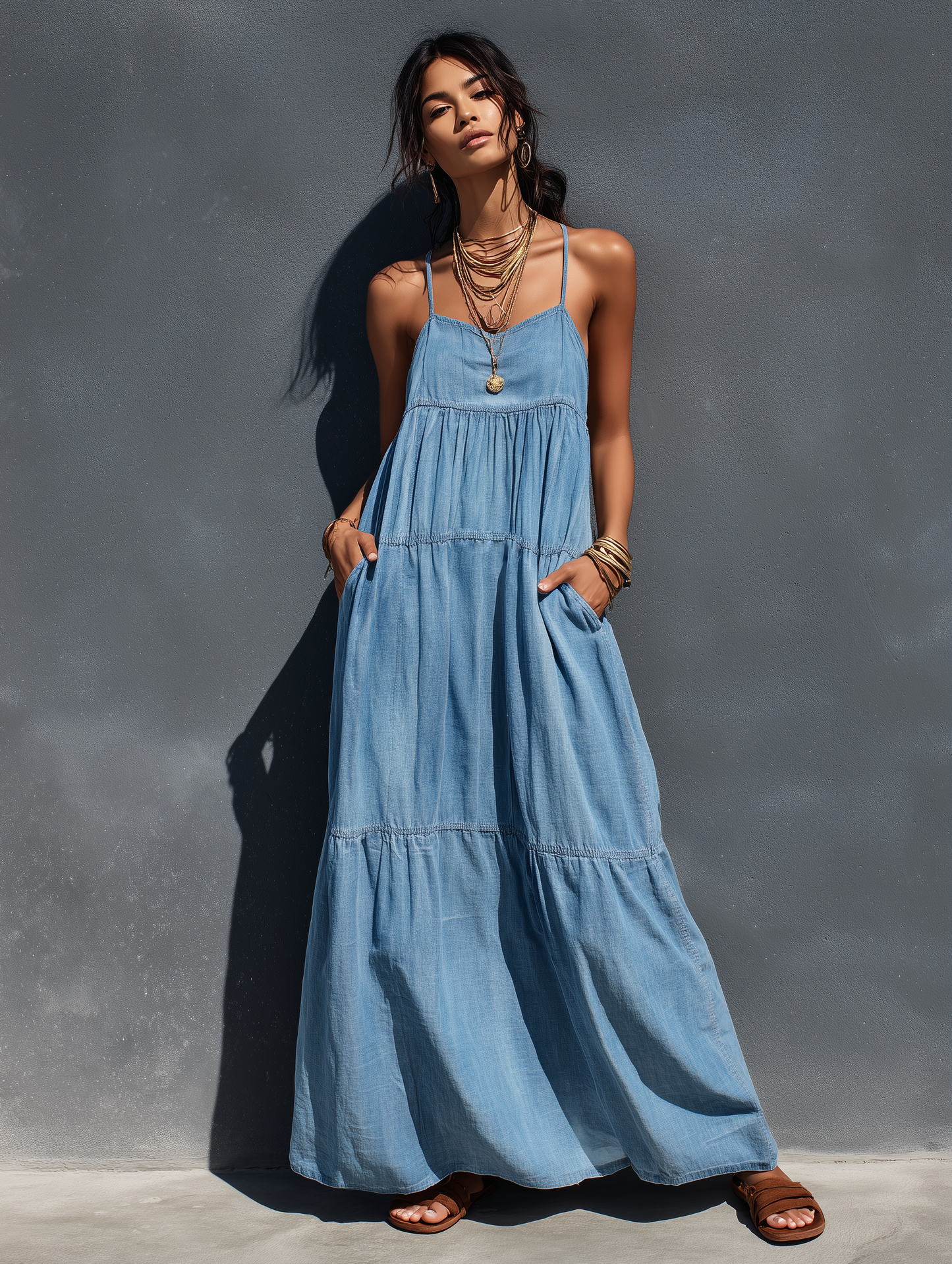 Effortless Blue Denim Maxi Dress for Women with Spaghetti Strap V Neck Tiered Skirt Loose Casual Summer Style