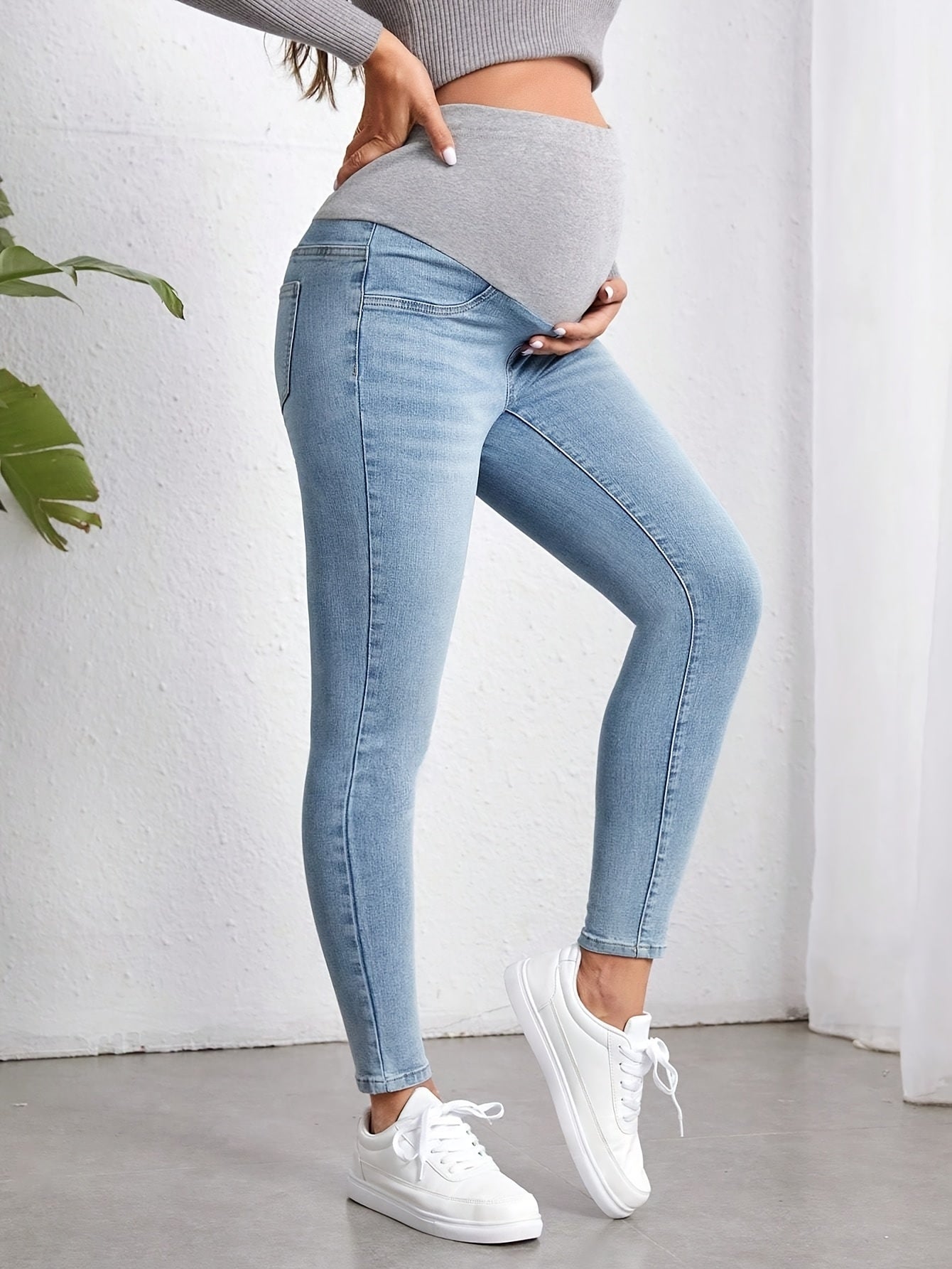 Comfortable Light Blue Maternity Jeans for Women with Elastic Belly Panel Skinny Fit Relaxed Style