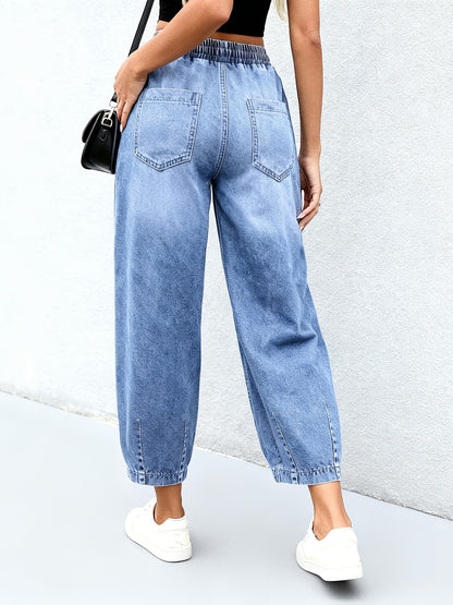 Effortless Light Blue Relaxed Barrel Jeans for Women with Elastic Waist Drawstring Cuffed Hem