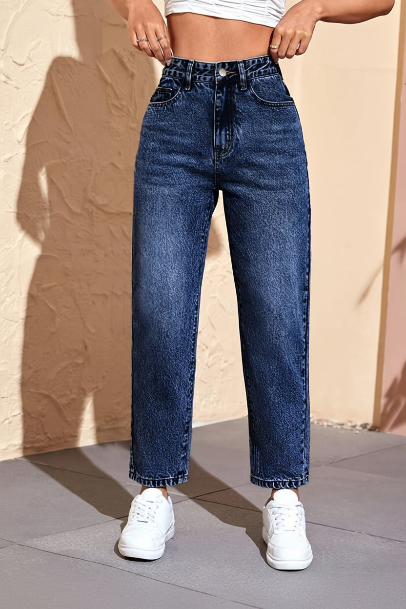 Effortless Medium Blue Relaxed Mom Jeans for Women with High Waist Straight Leg Wide Cuff