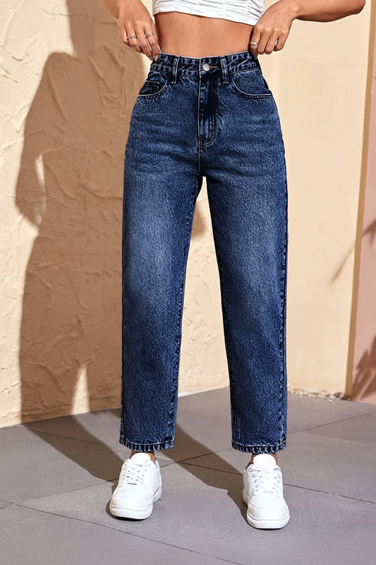 Effortless Medium Blue Relaxed Mom Jeans for Women with High Waist Straight Leg Wide Cuff
