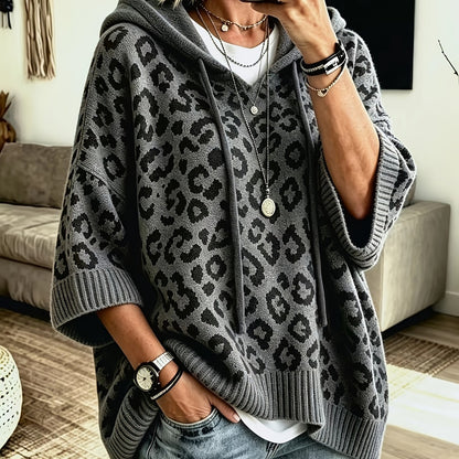 Comfortable Leopard Print Oversized Hoodie for Women with Hooded Neck Batwing Sleeve Drawstring Knit Style