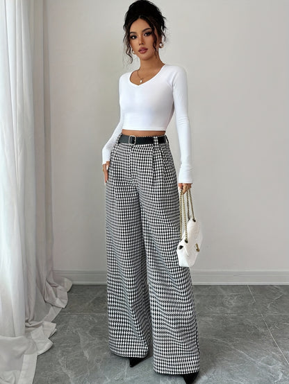 Elegant Black And White Houndstooth Chino Pants for Women with High Waist Belted Wide Leg Casual Style