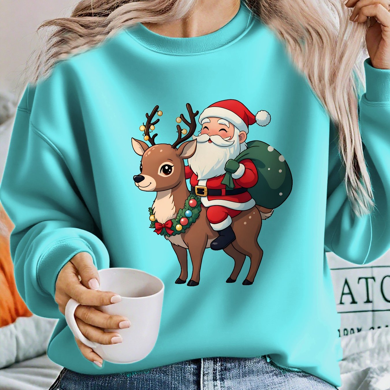 Cozy Graphic Christmas Tacky Sweater for Women with Crew Neck Long Sleeve Santa Reindeer Print Pullover Style