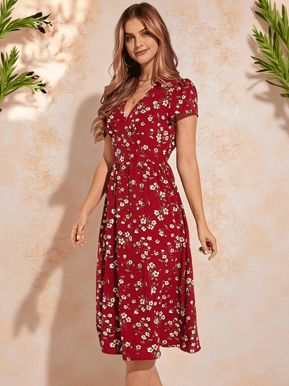Elegant Burgundy Floral Mini Dress for Women with V Neck Flutter Sleeve Fit and Flare Style