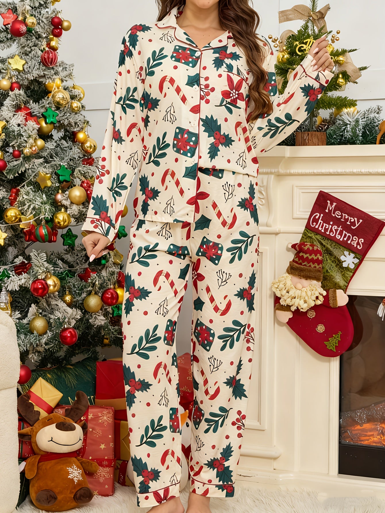 Cozy White Candy Cane Print Christmas Pajamas for Women with Notch Collar Long Sleeve Button Front Two Piece Style