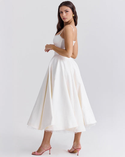 Elegant Bustier Midi Dress for Women with Sweetheart Neckline Spaghetti Strap Tulle Hem Flowing Style