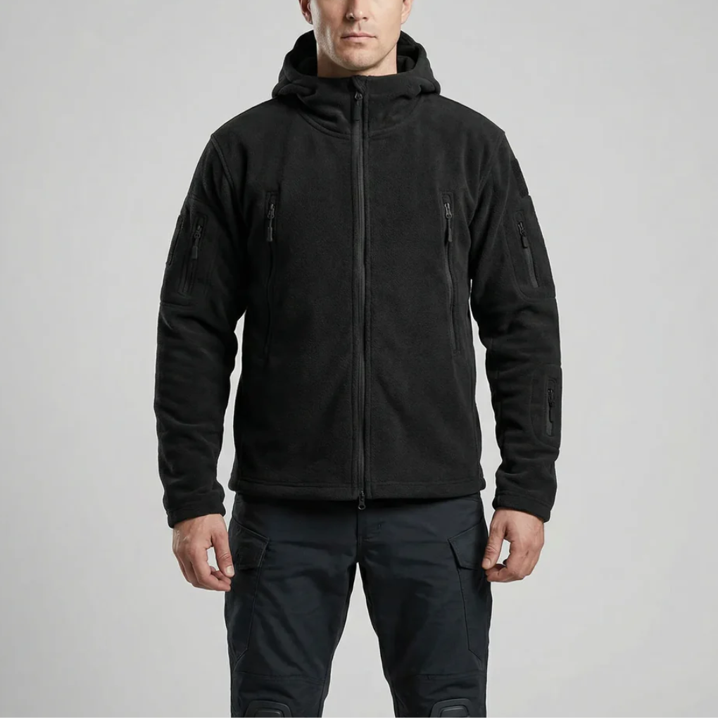 Warm Fleece Jacket for Men with Hooded Collar Long Sleeve Full Zip Tactical Outdoor Style