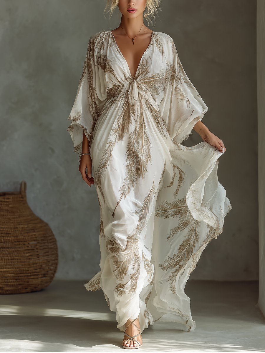 Elegant Ivory Maxi Dress for Women with Palm Leaf Print Dolman Sleeve Twist Front Chiffon Casual Summer Style