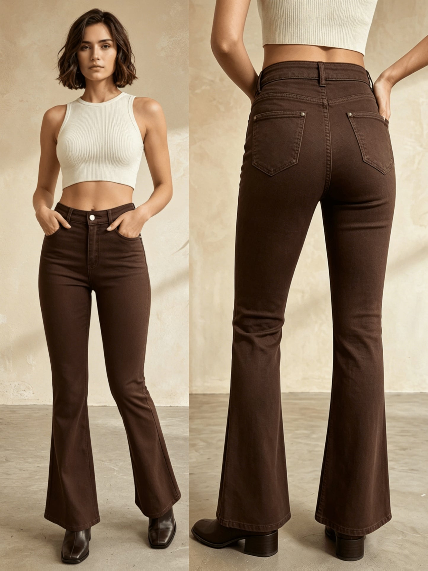 Effortless Coffee Brown High Waisted Jeans for Women with Flare Leg Button Front Stacked Western Style