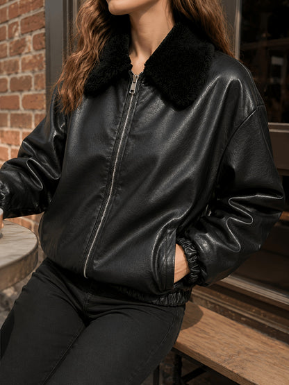 Stylish Black Faux Leather Bomber Jacket for Women with Faux Fur Collar Zip Front Ribbed Trim Moto Style