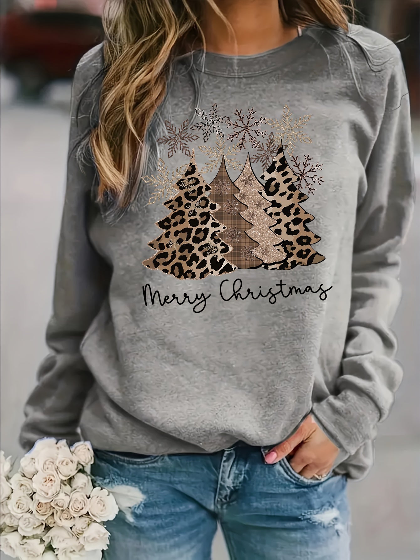 Comfortable Khaki Leopard Print Women's Christmas Sweater with Crew Neck Long Sleeve Drop Shoulder Oversized Knit Style