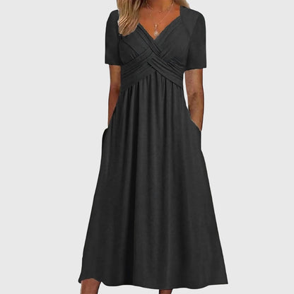 Effortless Midi Dress for Women with V-Neck Crossover Waist Short Sleeve Pocket Casual Style