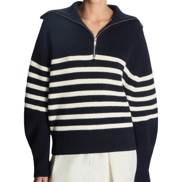 Cozy Striped Quarter-Zip Knit Sweater for Women with Funnel Collar Long Sleeve Ribbed Pullover Style