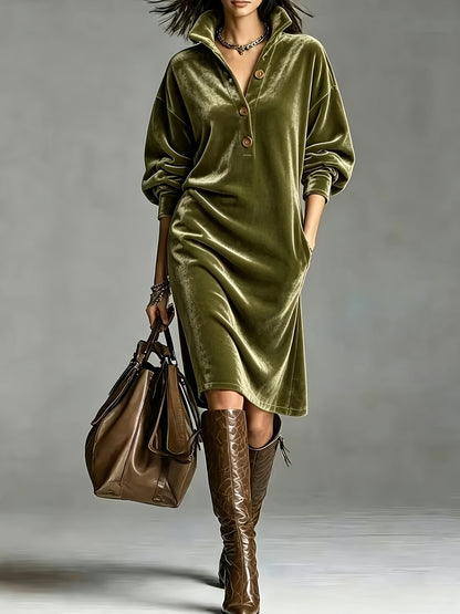 Chic Velvet Long Sleeve Midi Dress for Women with Collared Neck Button Front Relaxed Fit Style