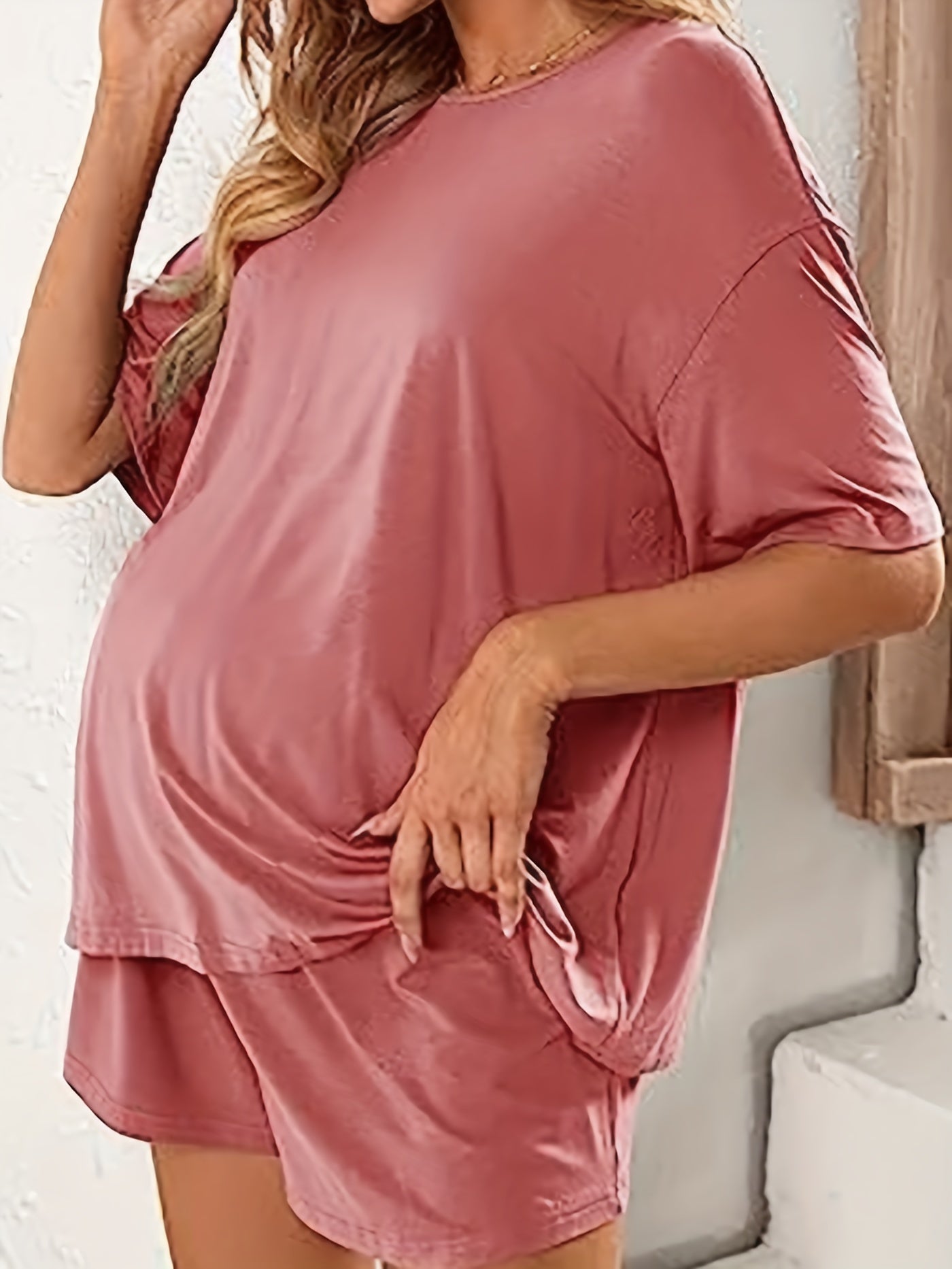 Comfortable Maternity Two Piece Set for Women with Round Neck Short Sleeve Oversized Relaxed Style