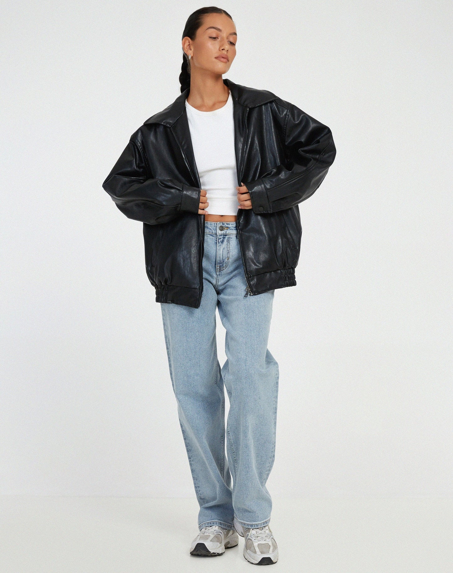 Effortless Faux Leather Jacket for Women with Collared Long Sleeve Oversized Relaxed Style