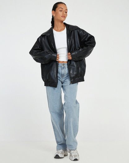 Effortless Brown Oversized Faux Leather Jacket for Women with Spread Collar Zip Front Relaxed Casual Style