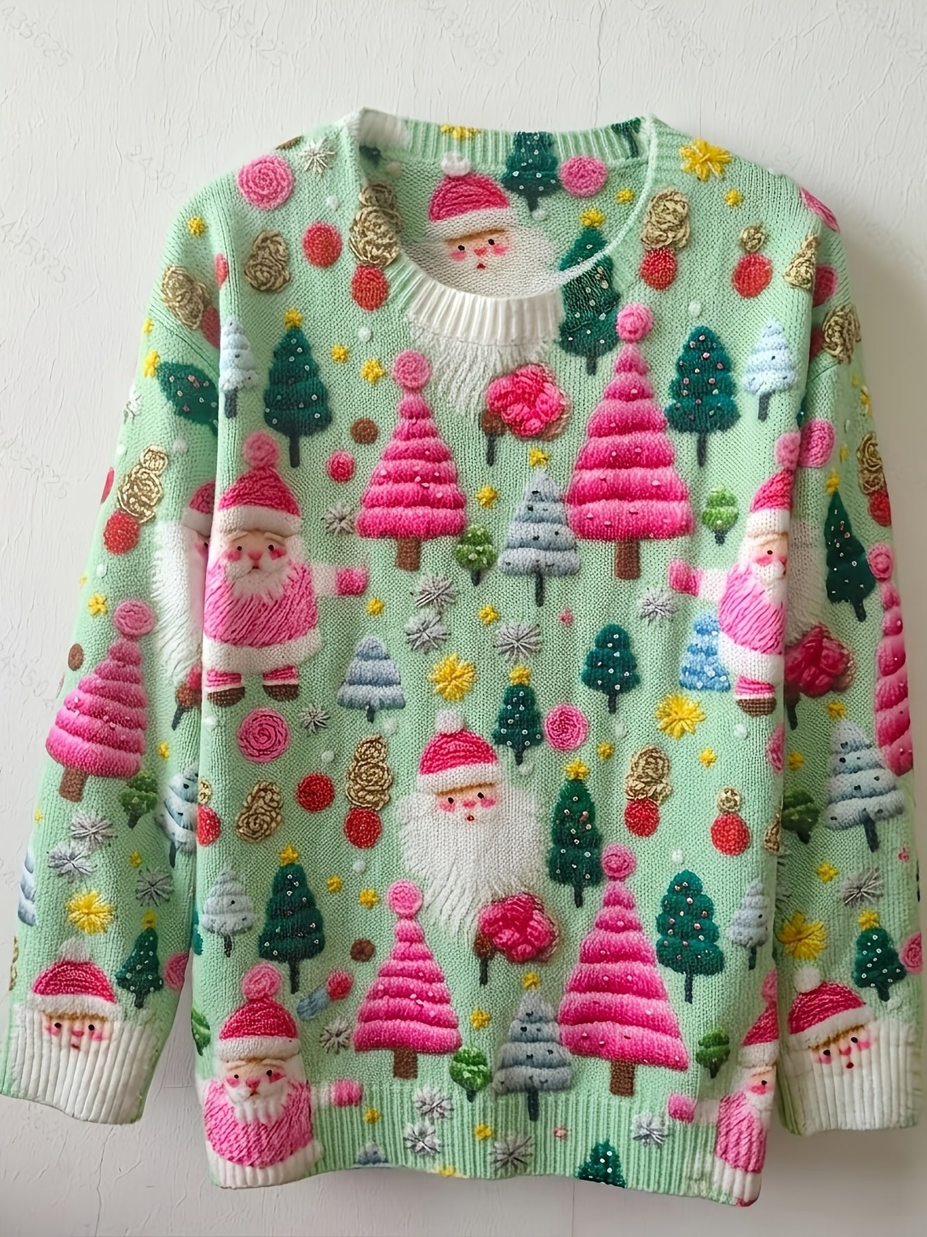 Cozy Christmas Tacky Sweater for Women with Crew Neck Long Sleeve Santa Print Oversized Knit Style