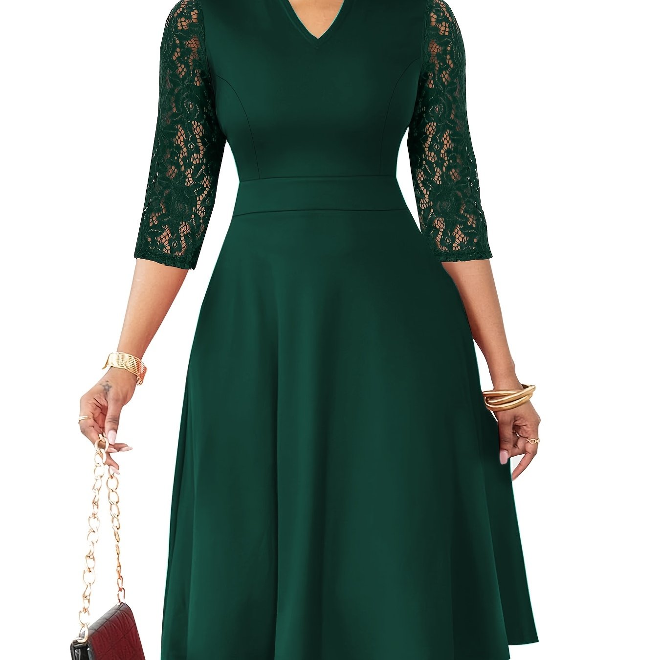 Elegant Lace Christmas Party Dress for Women with Notched Neck Three Quarter Sleeve Fit Flare Cocktail Style