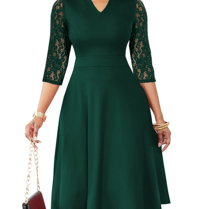 Elegant Lace Christmas Party Dress for Women with Notched Neck Three Quarter Sleeve Fit Flare Cocktail Style