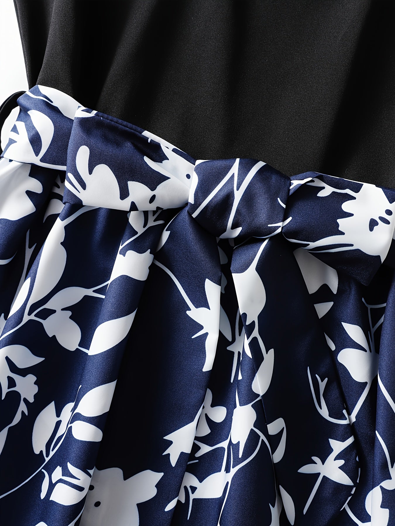 Elegant Blue And Black Dress for Women with Round Neck Long Sleeve Floral Tiered Maxi Flowing Style