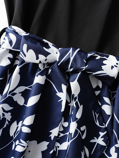 Elegant Blue And Black Dress for Women with Round Neck Long Sleeve Floral Tiered Maxi Flowing Style