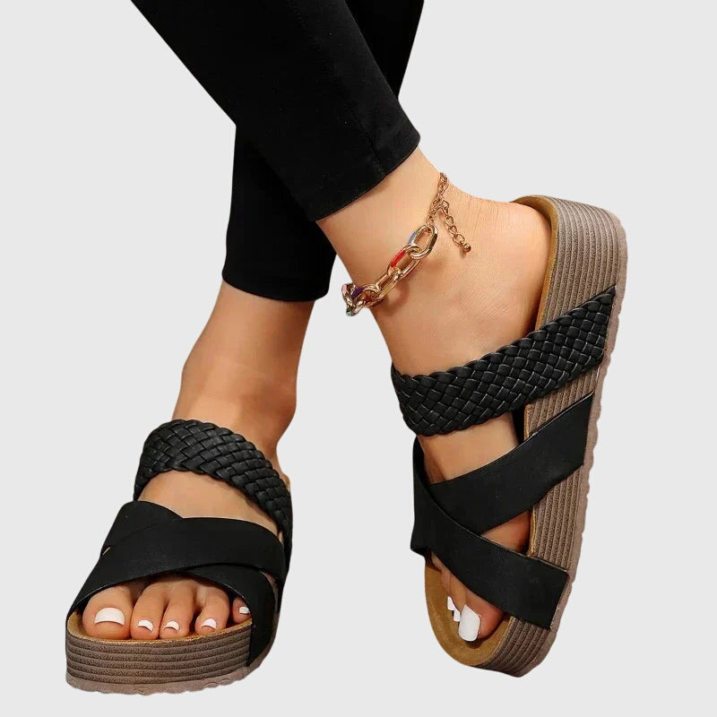 Comfortable Orthopedic Sandals for Women with Woven Crossover Strap Platform Open Toe Slip On Casual Style