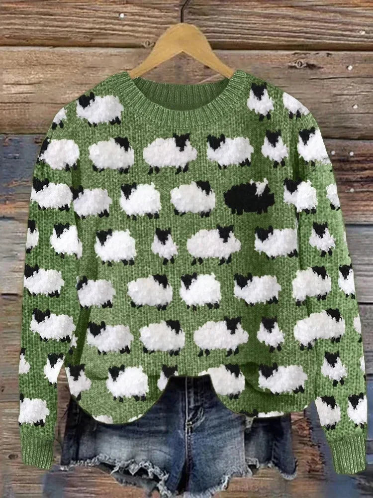 Cozy Embroidered Tree Print Women's Xmas Sweater with Crew Neck Long Sleeve Relaxed Knit Style