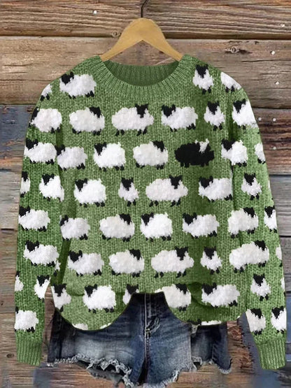 Cozy Embroidered Tree Print Women's Xmas Sweater with Crew Neck Long Sleeve Relaxed Knit Style