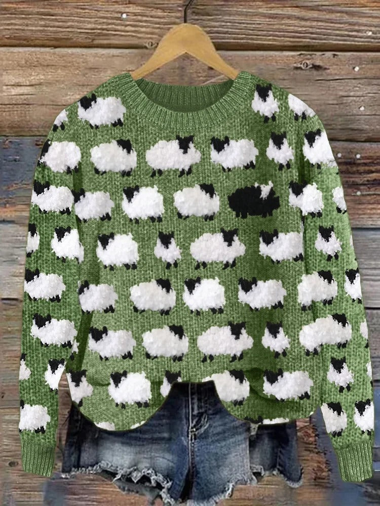 Comfortable Christmas Tree Embroidered Crewneck Sweater for Women with Long Sleeve Relaxed Oversized Knit Style