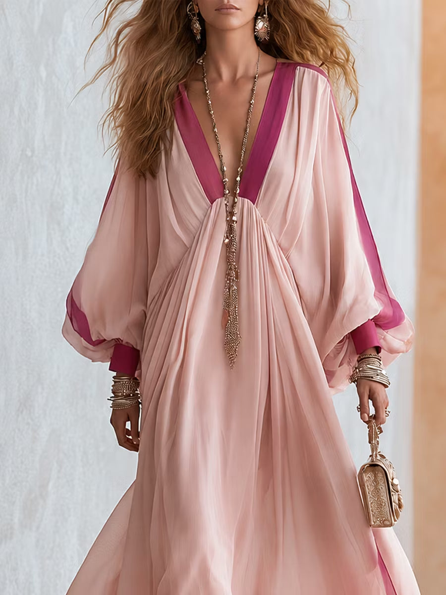 Elegant Pink Color Block Winter Wedding Guest Dress for Women with V Neck Bell Sleeve Flowing Bohemian Style