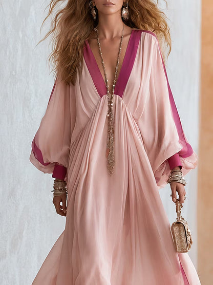 Elegant Pink Color Block Winter Wedding Guest Dress for Women with V Neck Bell Sleeve Flowing Bohemian Style