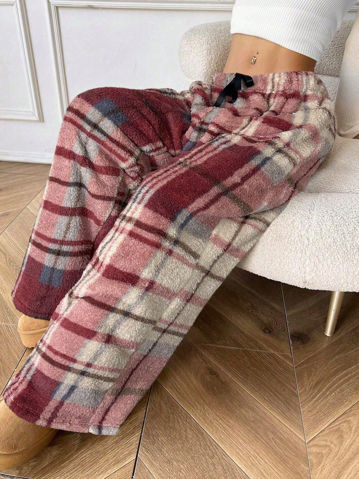 Cozy Plaid Wide Leg Sweatpants for Women with Drawstring Waist Plush Fleece Lounge Style