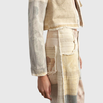 Effortless Ivory Collage Print Wide Leg Jeans for Women with High Waist Raw Hem Frayed Pocket Relaxed Style