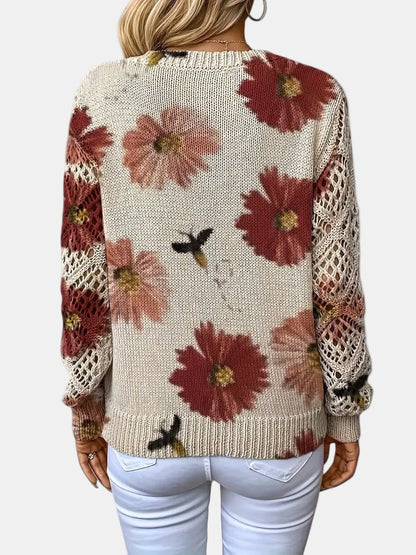 Comfortable Floral Crochet Sweater for Women with V Neck Long Sleeve Oversized Knit Style