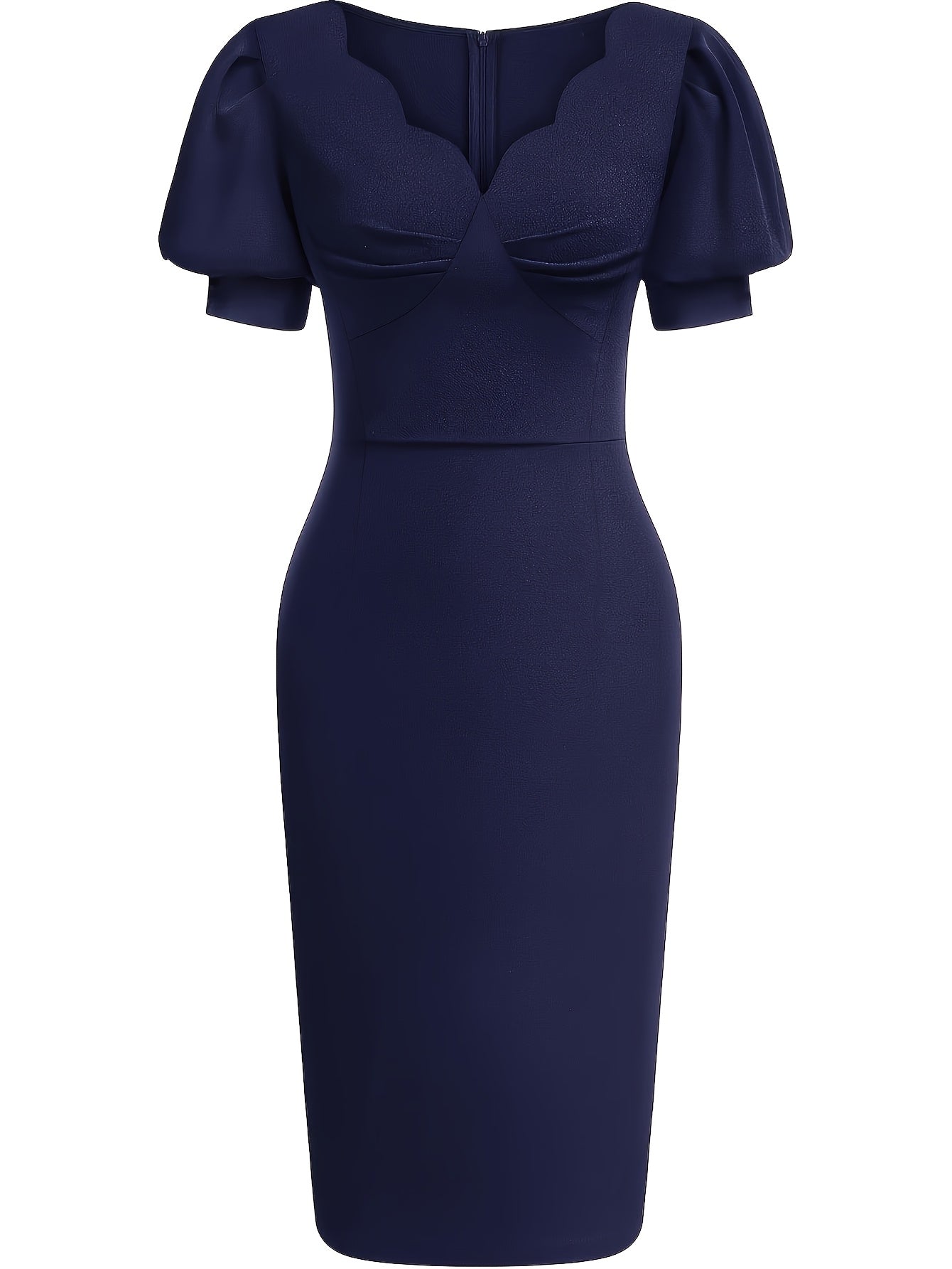 Elegant Cocktail Dress for Women with Scalloped V Neck Puff Sleeve Bodycon Knee Length Party Style