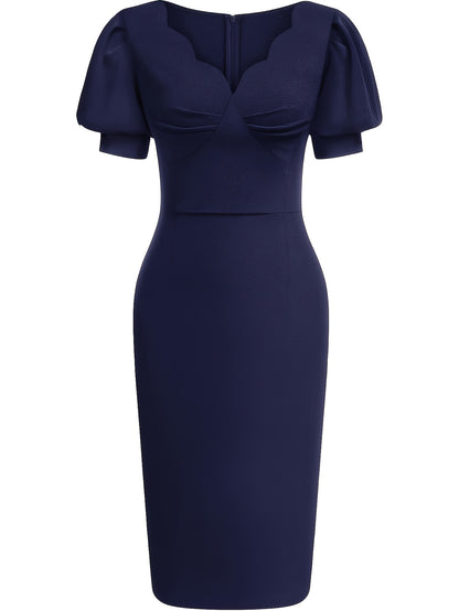 Elegant Cocktail Dress for Women with Scalloped V Neck Puff Sleeve Bodycon Knee Length Party Style