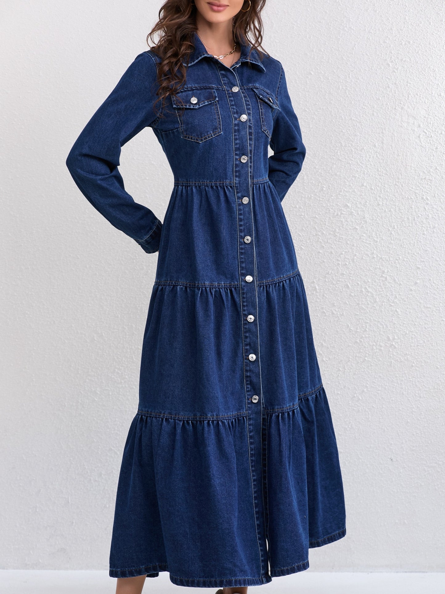 Effortless Blue Denim Dress for Women with Collar Long Sleeve Button Front Tiered Maxi Style