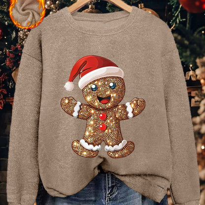 Comfortable Gingerbread Print Christmas Tacky Sweater for Women with Crew Neck Long Sleeve Sequin Graphic Pullover Style