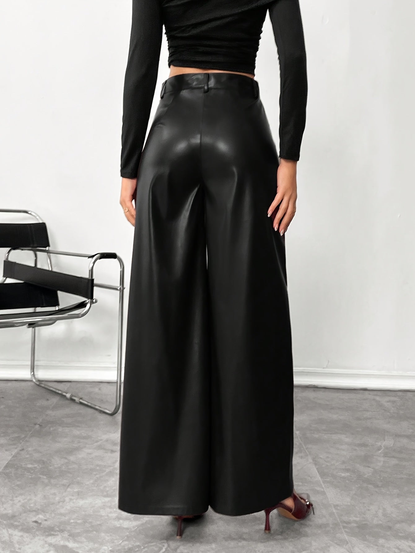 Chic Black Faux Leather Slacks for Women with High Waist Wide Leg Tailored Trouser Style